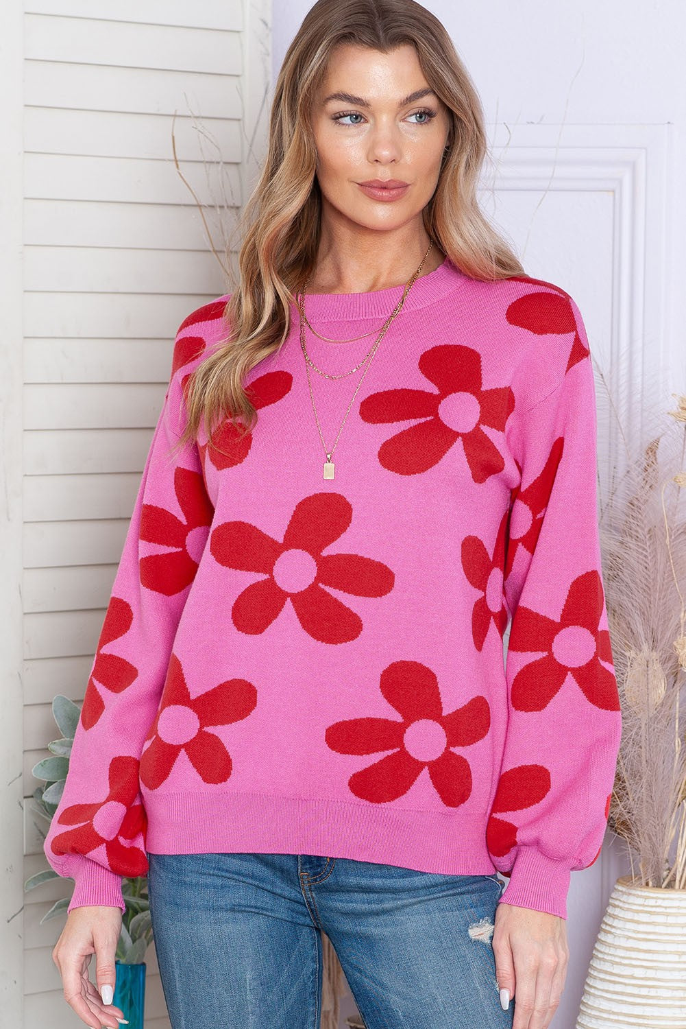 Rose Big Flower Knit Ribbed Trim Sweater