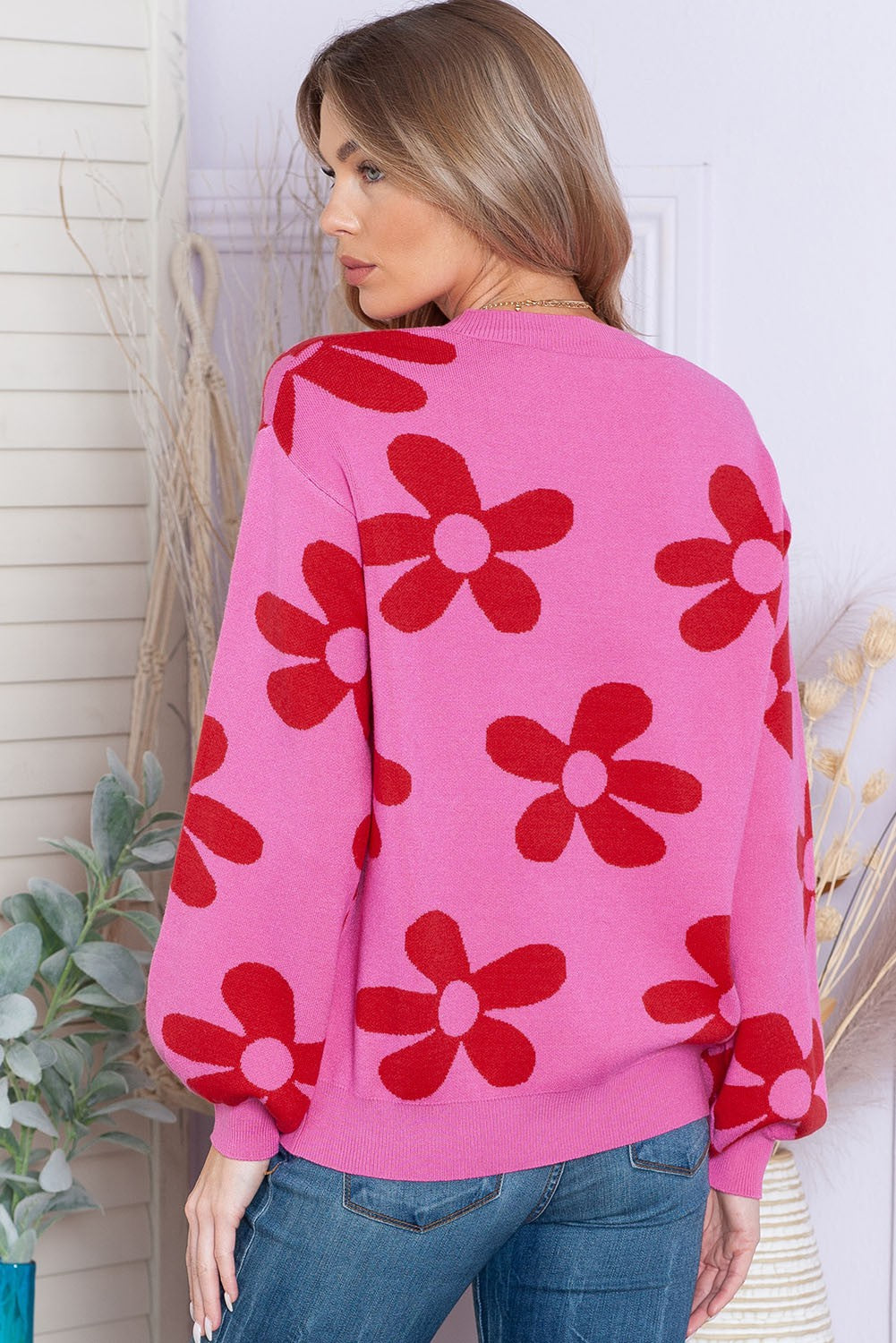 Rose Big Flower Knit Ribbed Trim Sweater