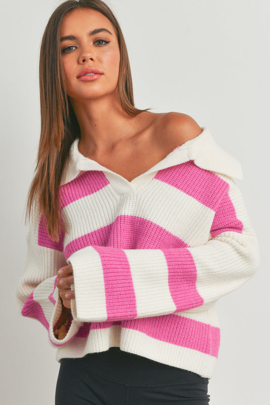 STRIPE DROP SHOULDER WITH WIDE COLLAR SWEATER