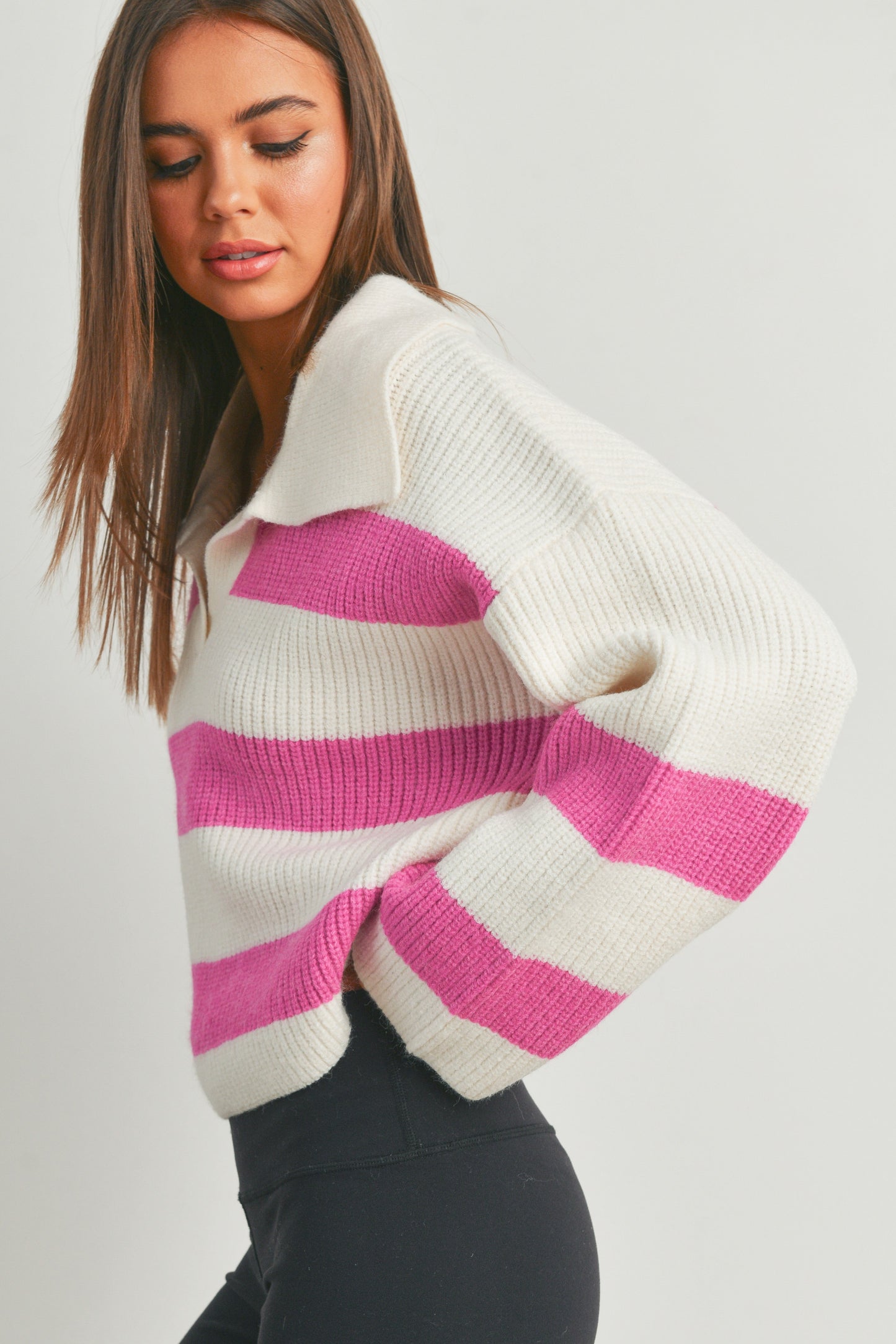 STRIPE DROP SHOULDER WITH WIDE COLLAR SWEATER