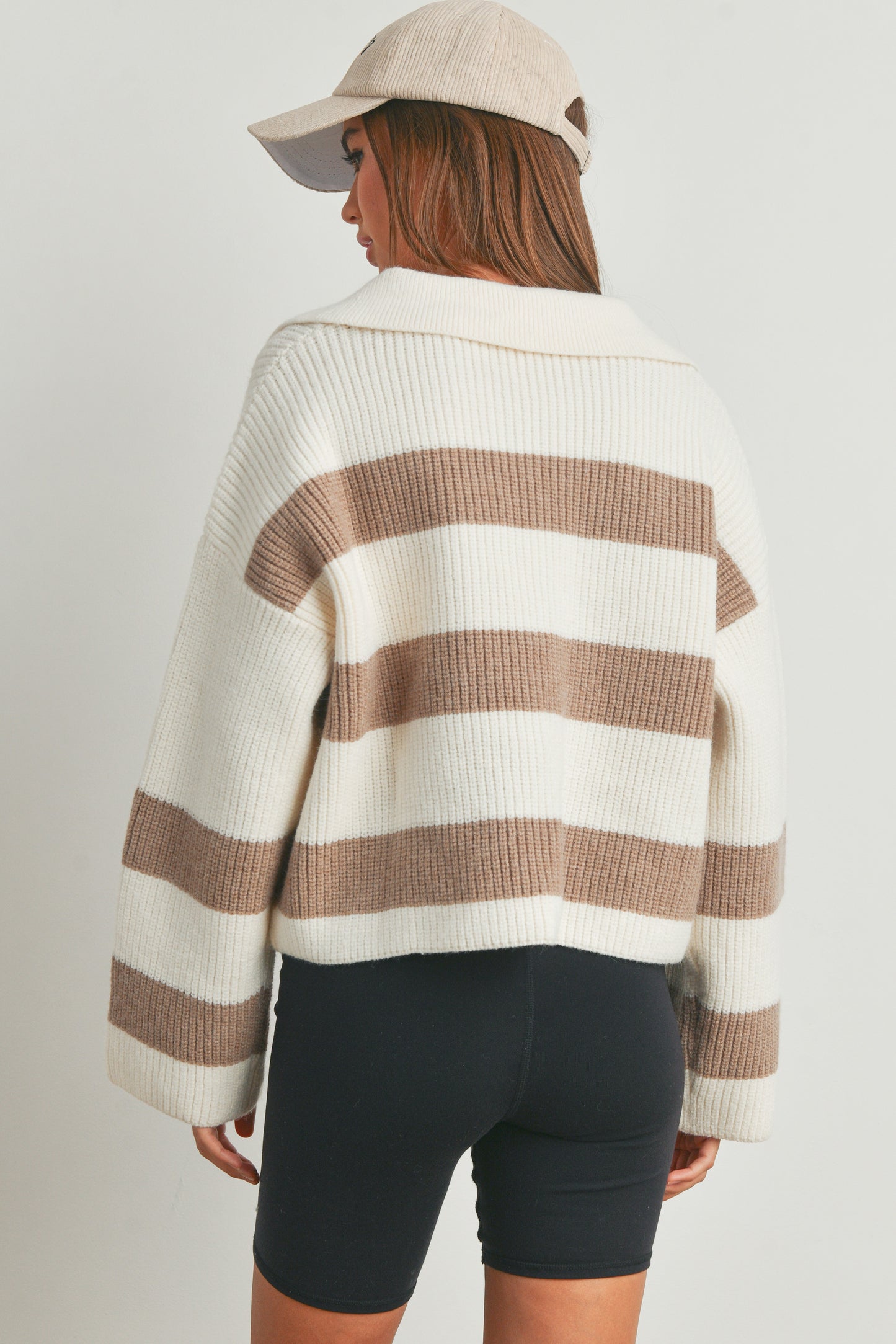 STRIPE DROP SHOULDER WITH WIDE COLLAR SWEATER