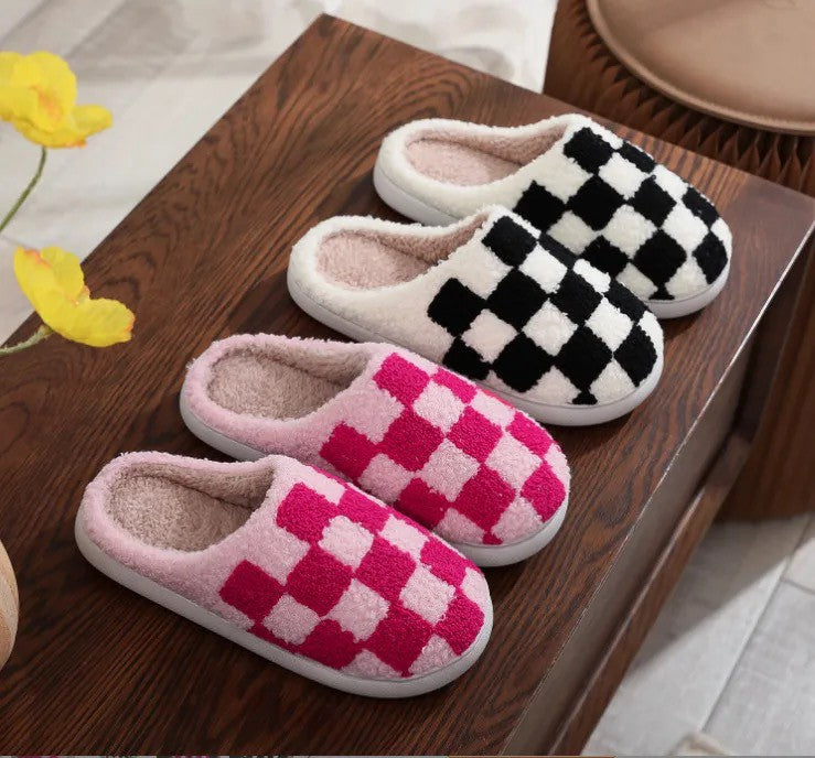 Checkered fuzzy slippers