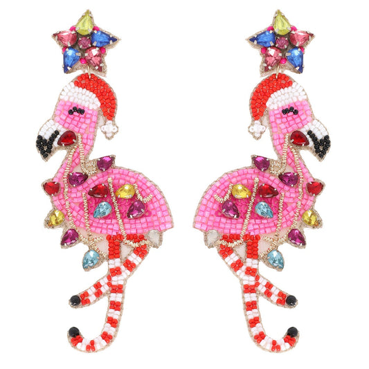 JEWELED FLAMINGO CHRISTMAS BEADED EARRINGS