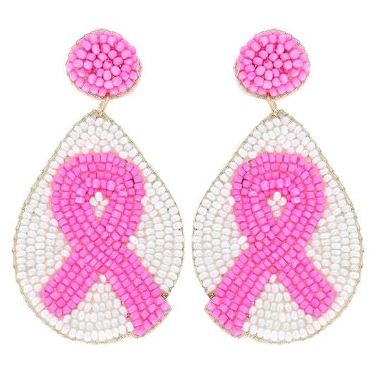 PINK RIBBON TEARDROP BEADED EARRINGS