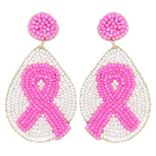PINK RIBBON TEARDROP BEADED EARRINGS