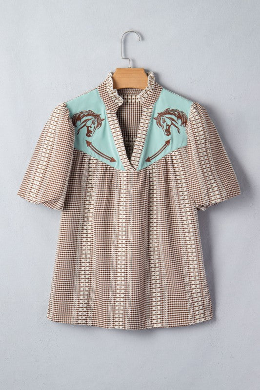 WESTERN PONY EMBROIDERED YOKE PUFF
SLEEVE BLOUSE