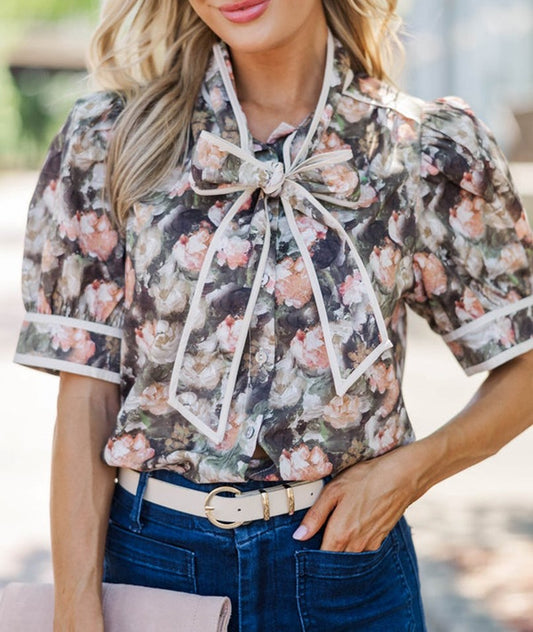 Casual Chic Floral Bow Tie Neck Top