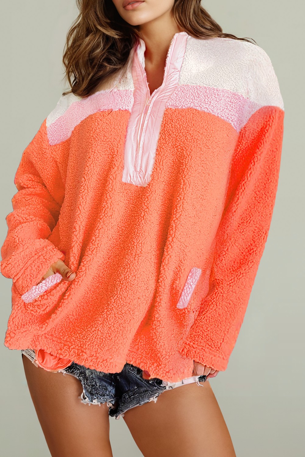 Colorblock Zipper Stand Neck Sherpa Sweatshirt