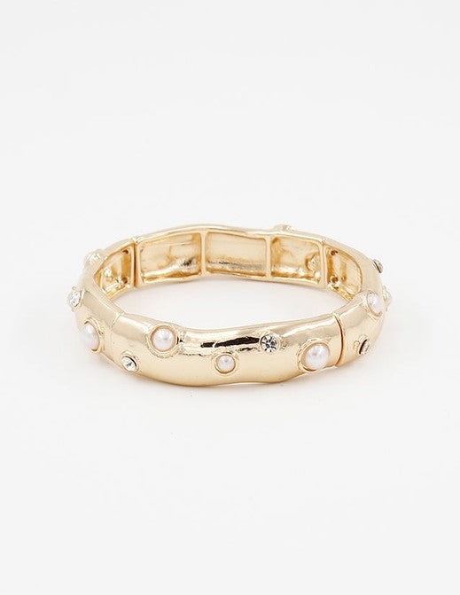 Gold Stretch Bracelet w/Pearl & Rhinestone accents