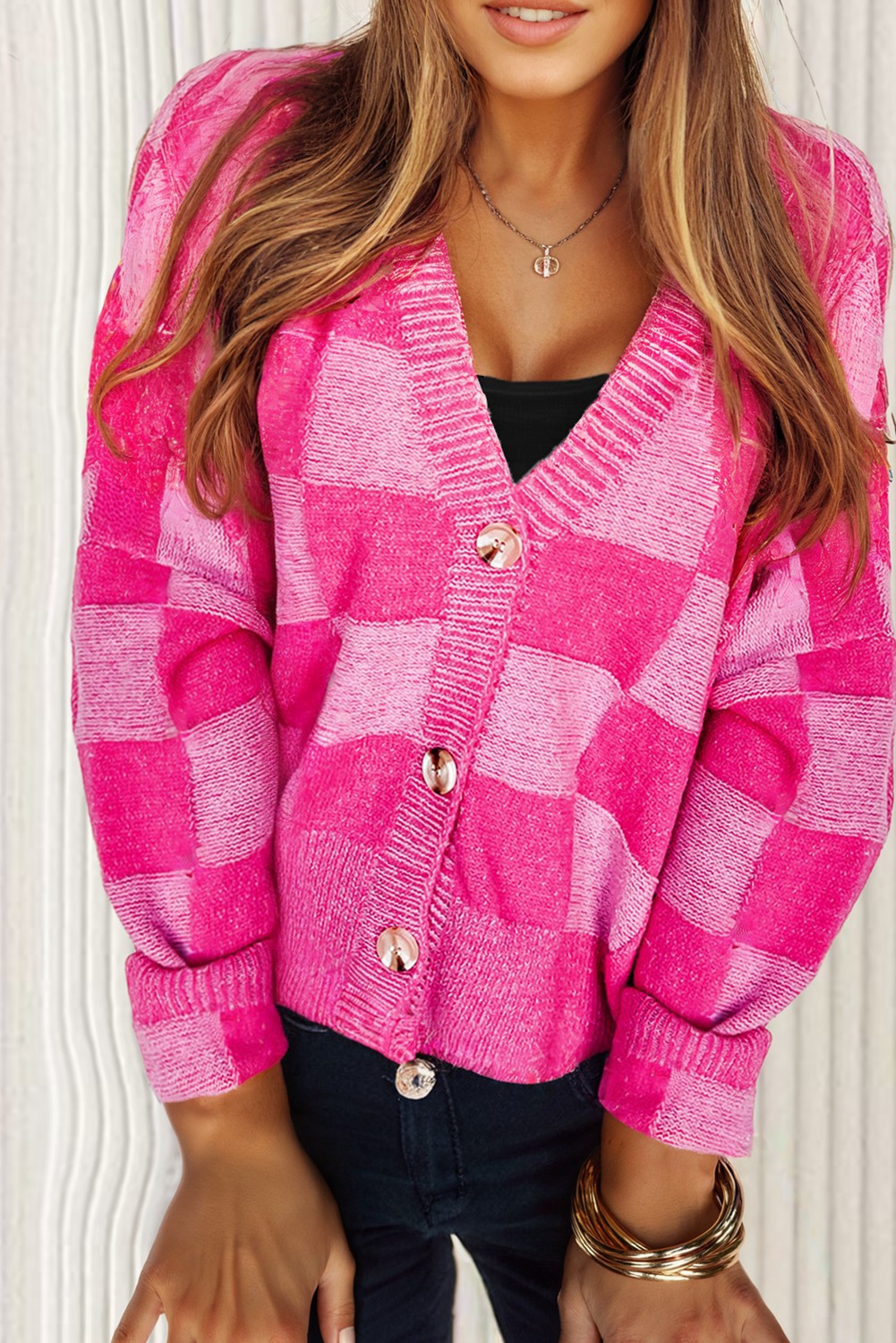 Checkered Drop Shoulder Buttoned V Neck Cardigan