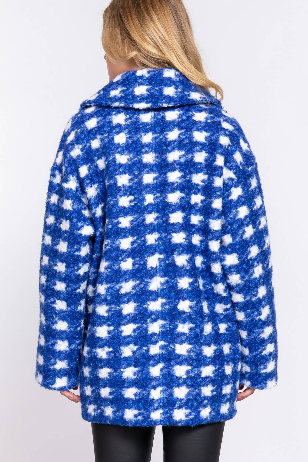 Long Sleeve Double Breasted Check Print Boucle Fleece Coat