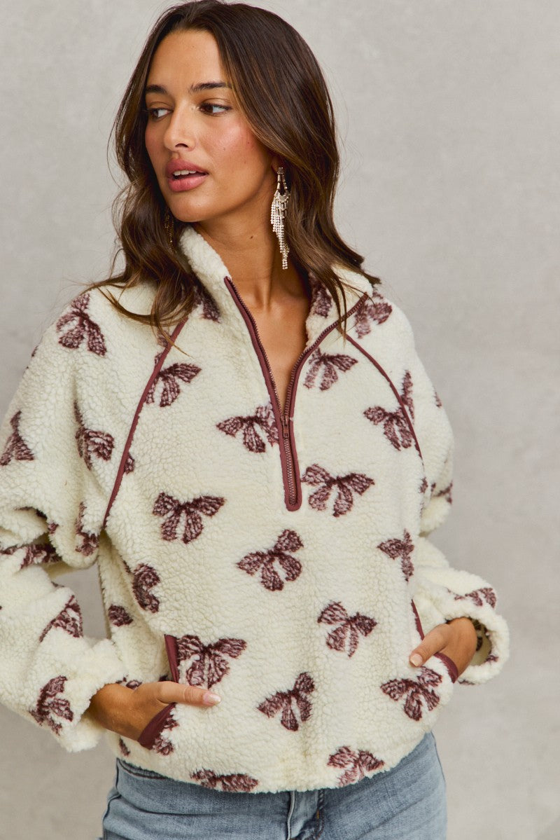 Front Zipper Ribbon Sherpa Pullover Jacket