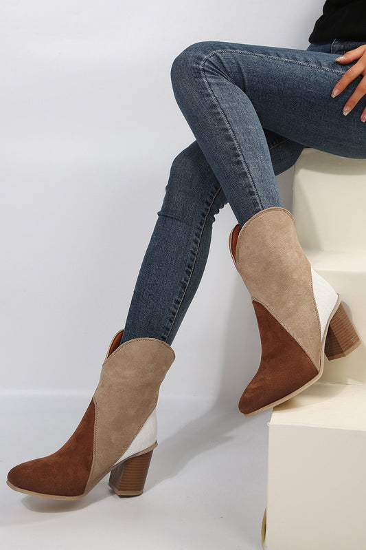 Chestnut Colorblock Suede Heeled Ankle Boots
