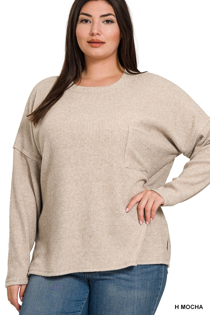 PLUS RIBBED BRUSHED MELANGE HACCI SWEATER W POCKET