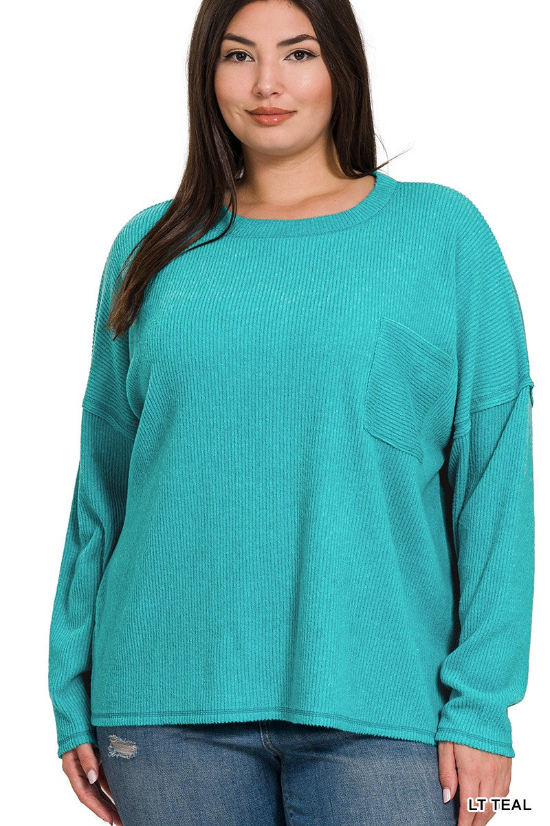 PLUS RIBBED BRUSHED MELANGE HACCI SWEATER W POCKET