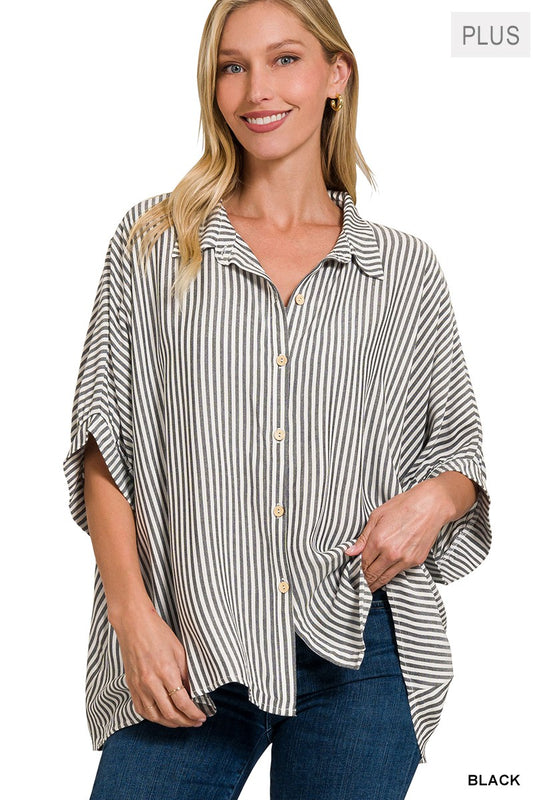 PLUS RAYON STRIPED SHORT SLEEVE BUTTON UP SHIRT