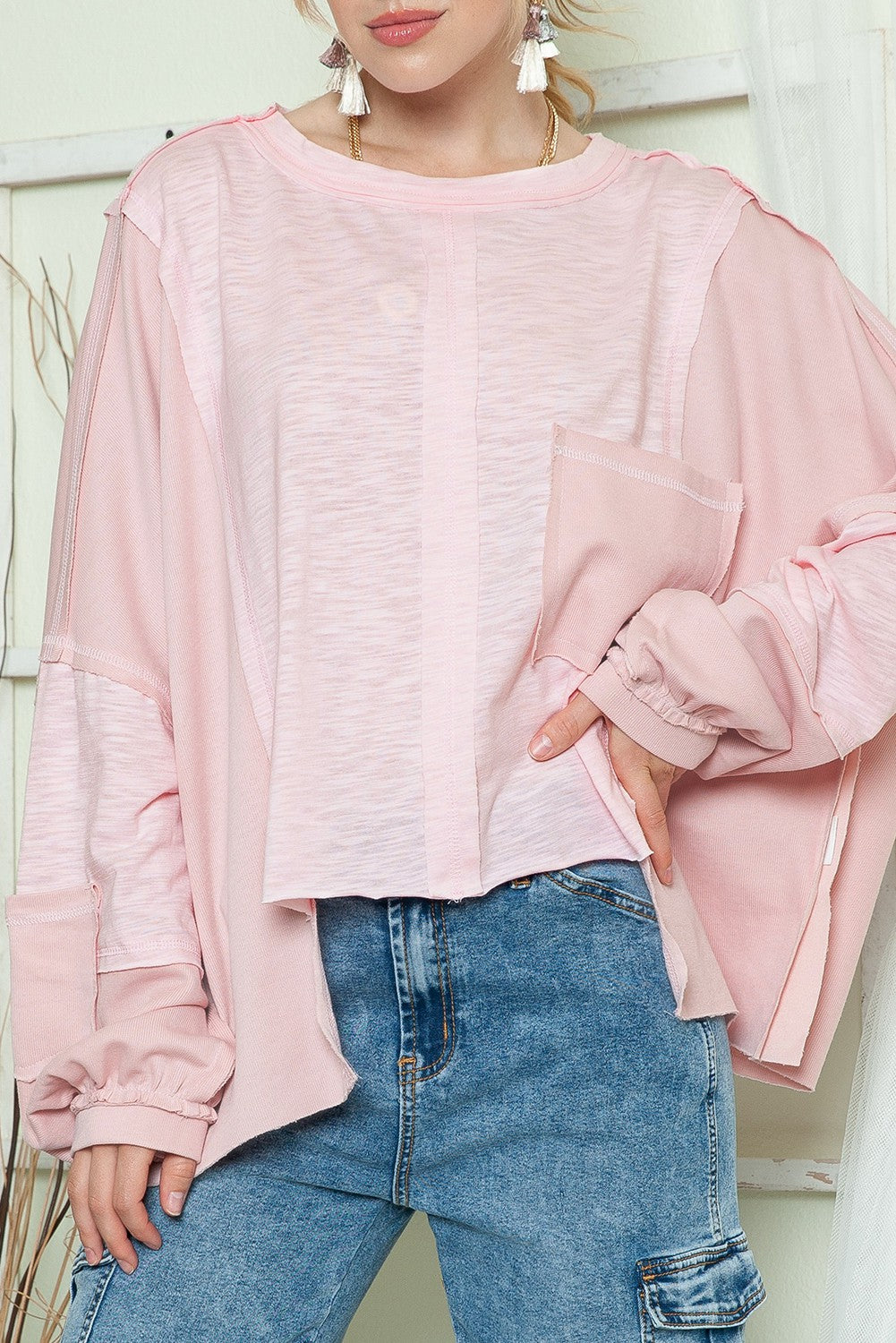 Exposed Seam Pocket Loose Sleeve Oversized Top