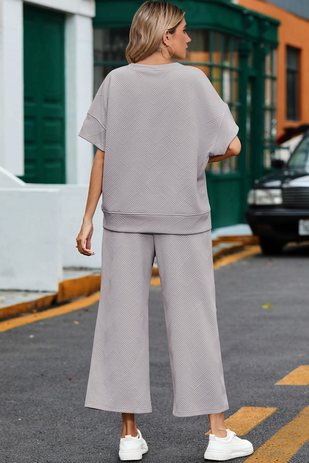 Textured Loose T Shirt and Drawstring Pants Set