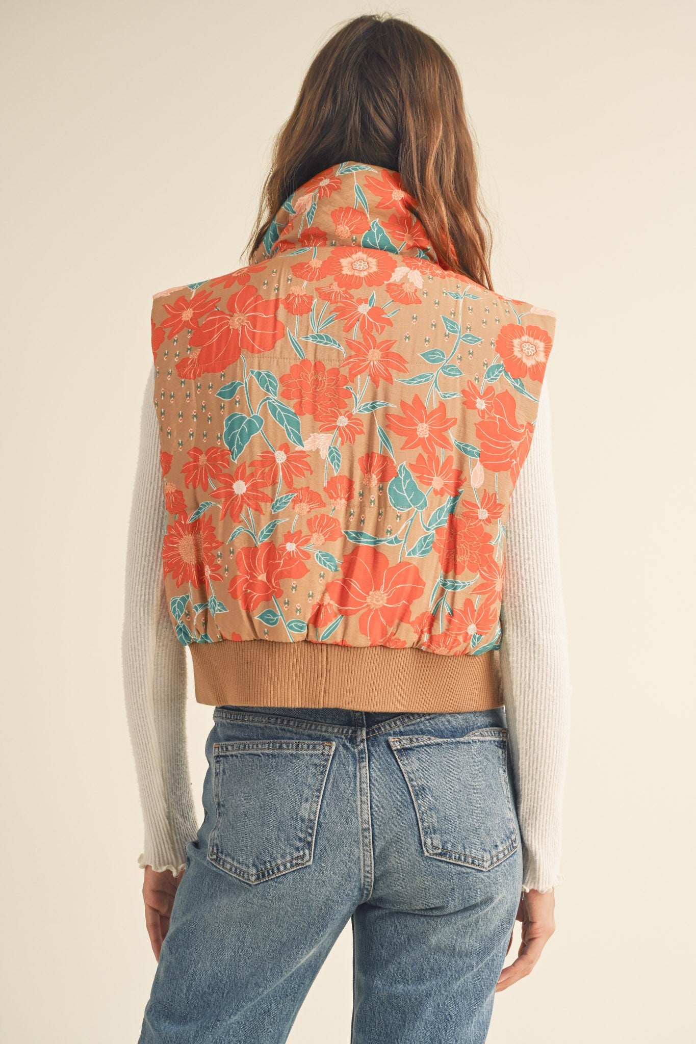 FLORAL PRINT CROPPED PUFFER VEST