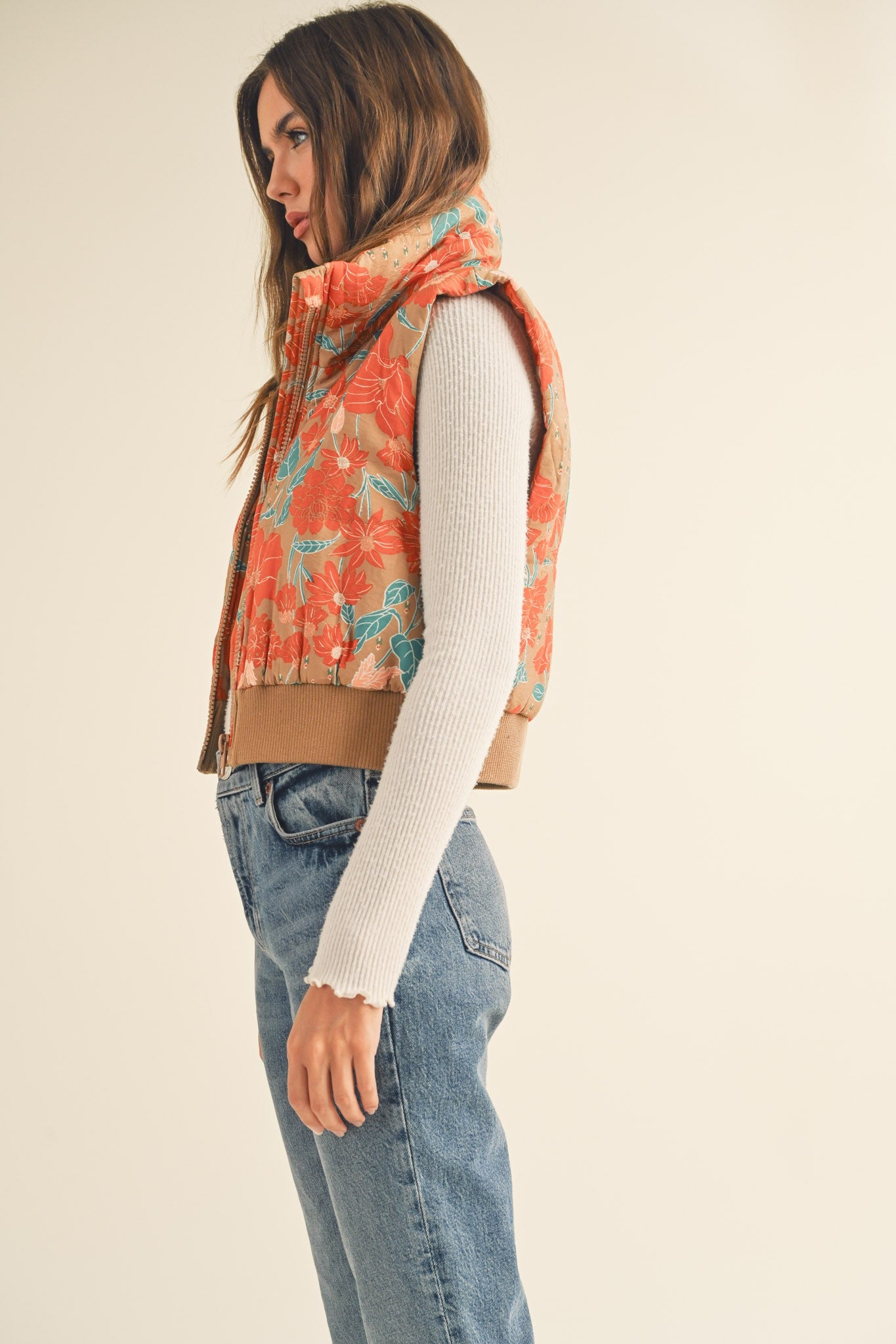 FLORAL PRINT CROPPED PUFFER VEST