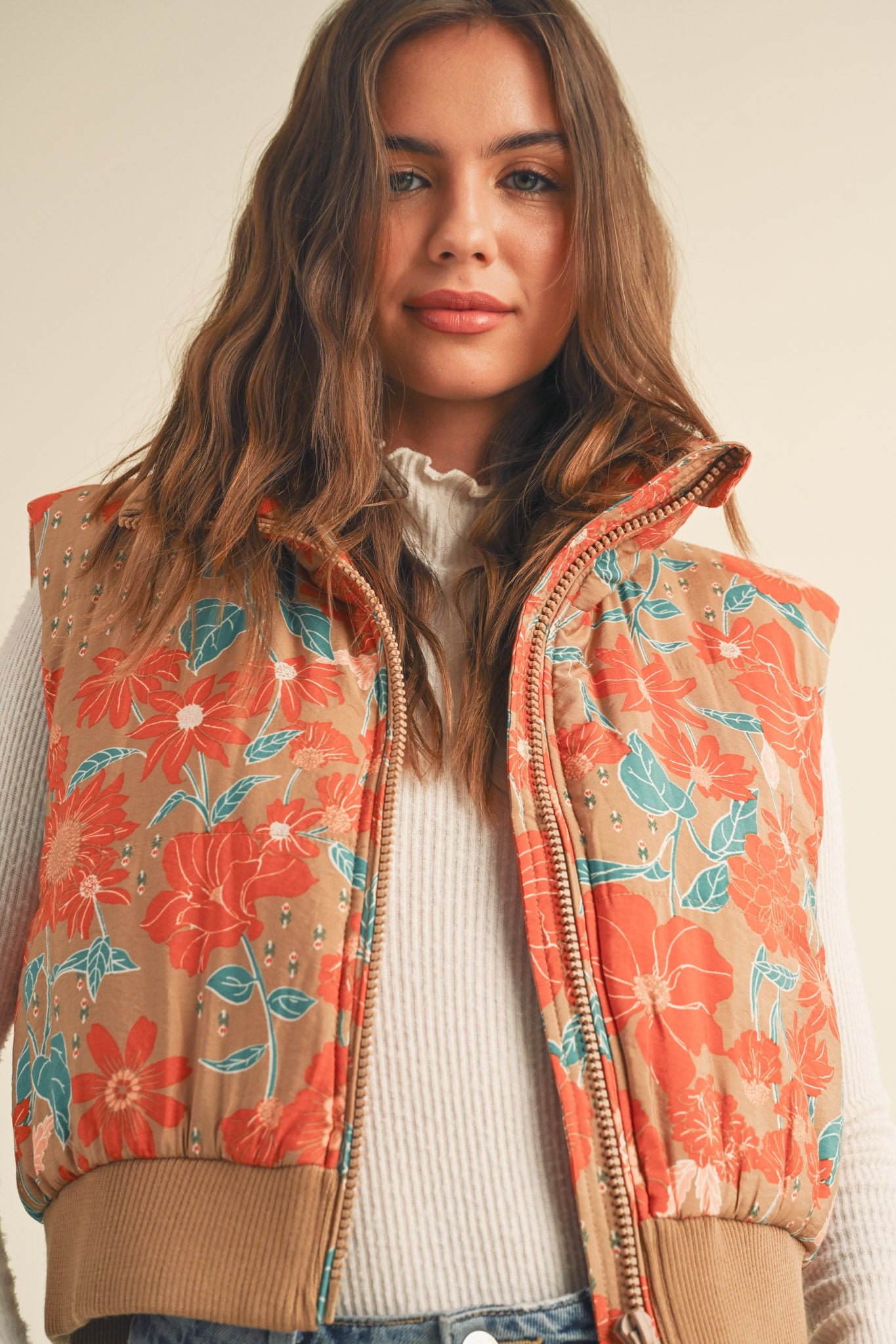 FLORAL PRINT CROPPED PUFFER VEST