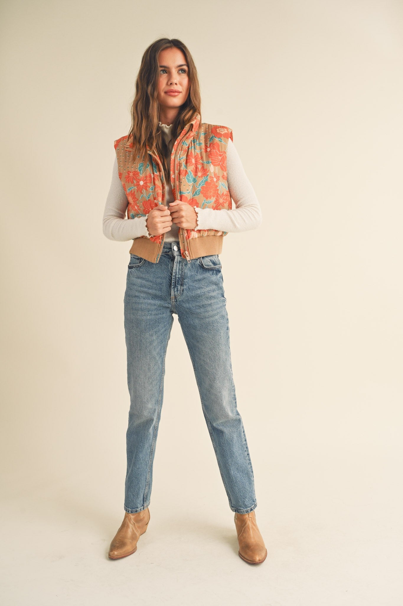 FLORAL PRINT CROPPED PUFFER VEST