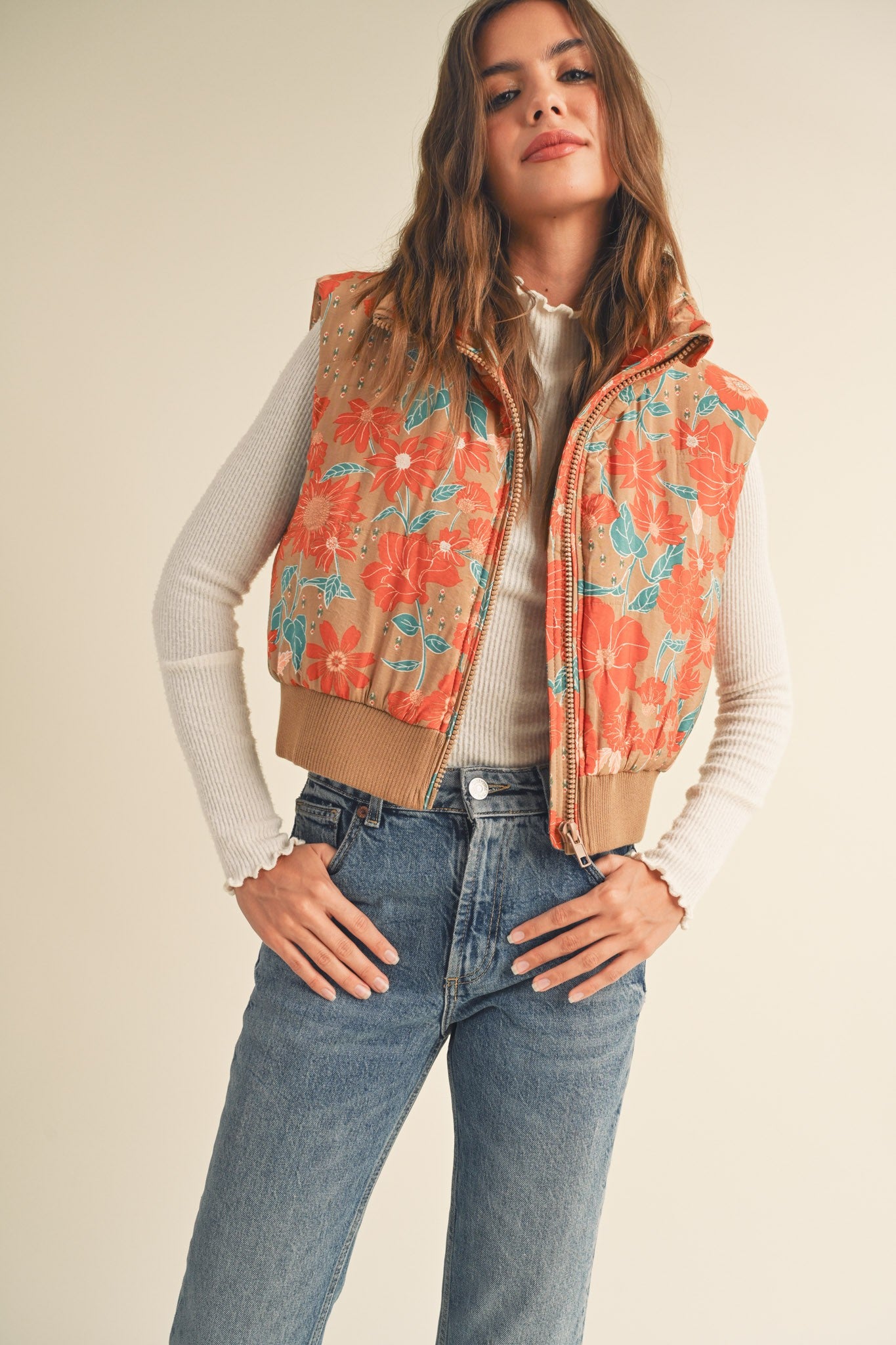 FLORAL PRINT CROPPED PUFFER VEST