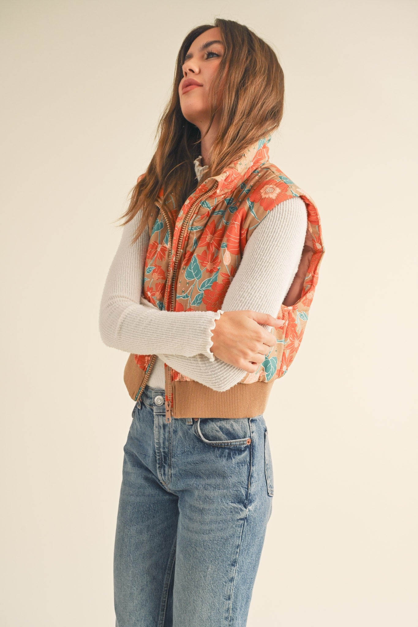 FLORAL PRINT CROPPED PUFFER VEST