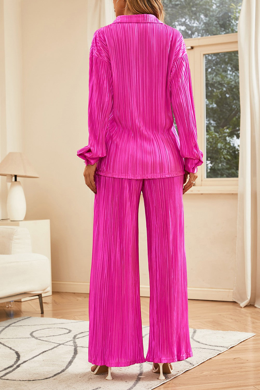 Pleated Long Sleeve Shirt and Wide-Leg Pants Set