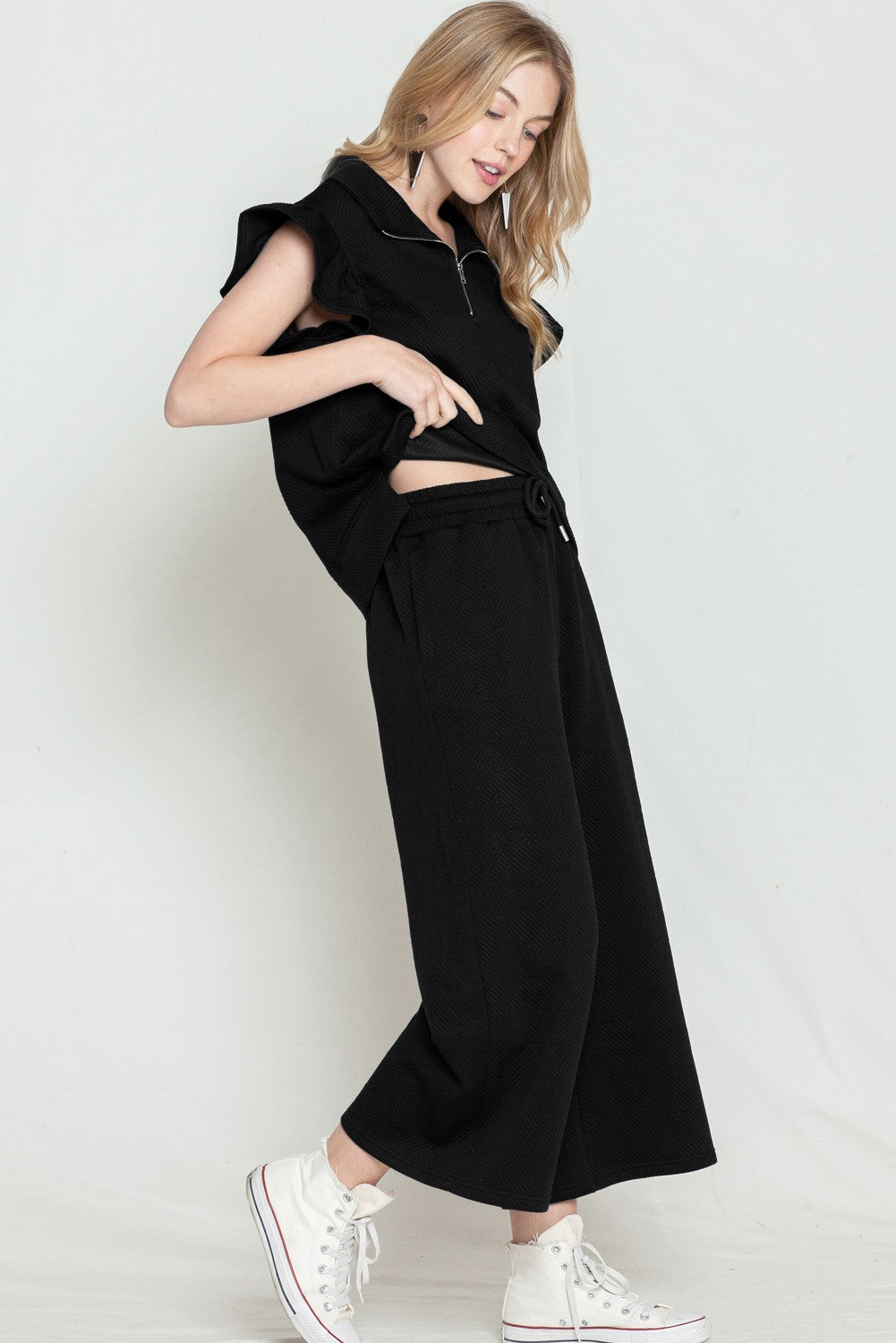 Ruffled Cap Sleeve Top Wide Leg Pants Set