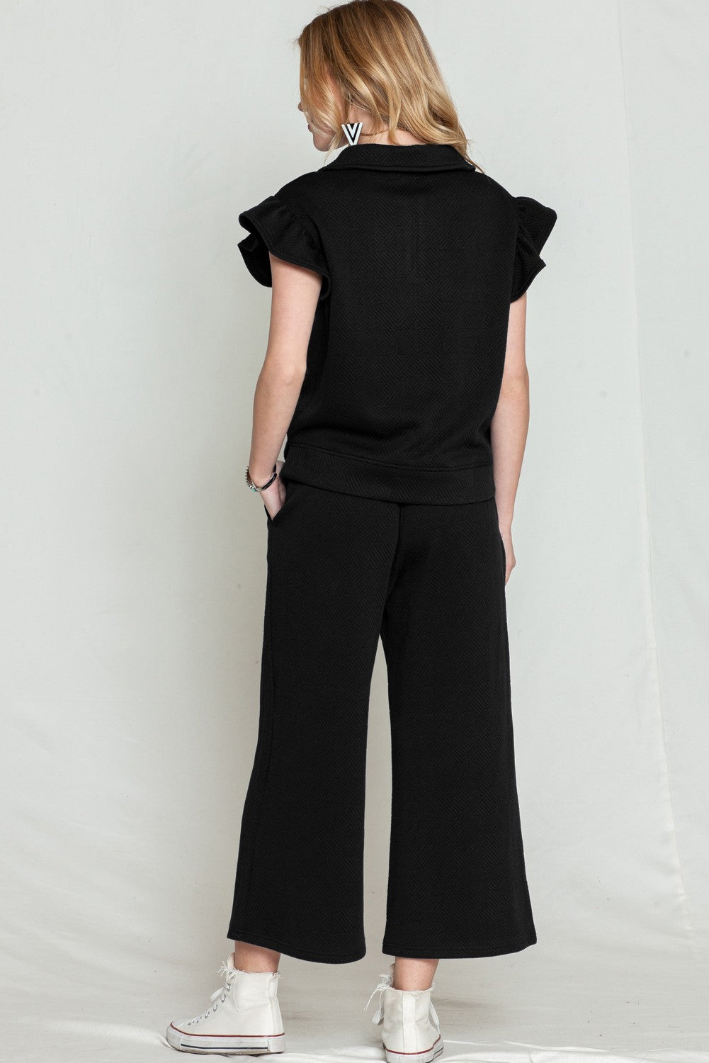 Ruffled Cap Sleeve Top Wide Leg Pants Set