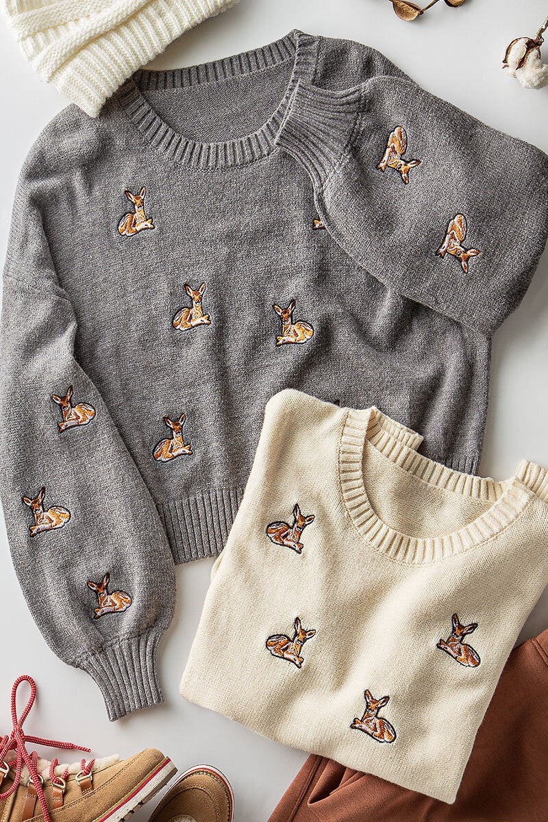 DEER EMBROIDERY RIB KNIT SWEATER