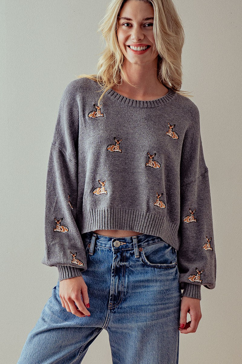 DEER EMBROIDERY RIB KNIT SWEATER