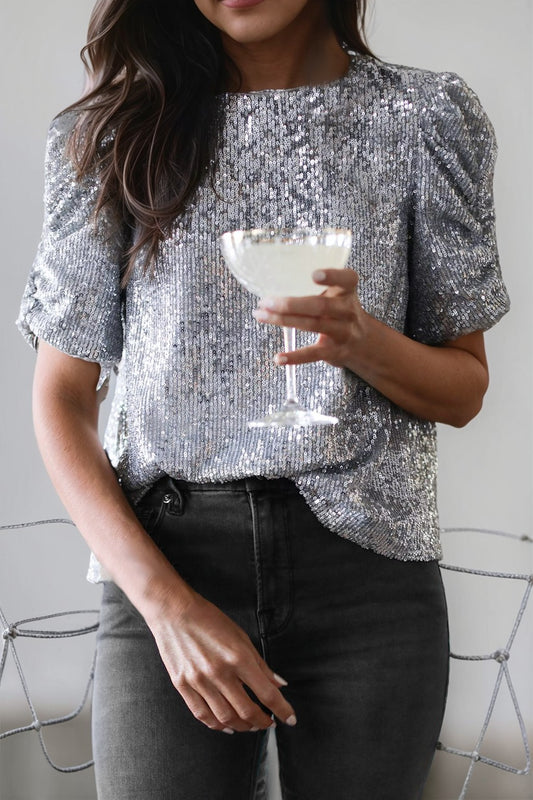 Sequin Pleated Puff Short Sleeve Top