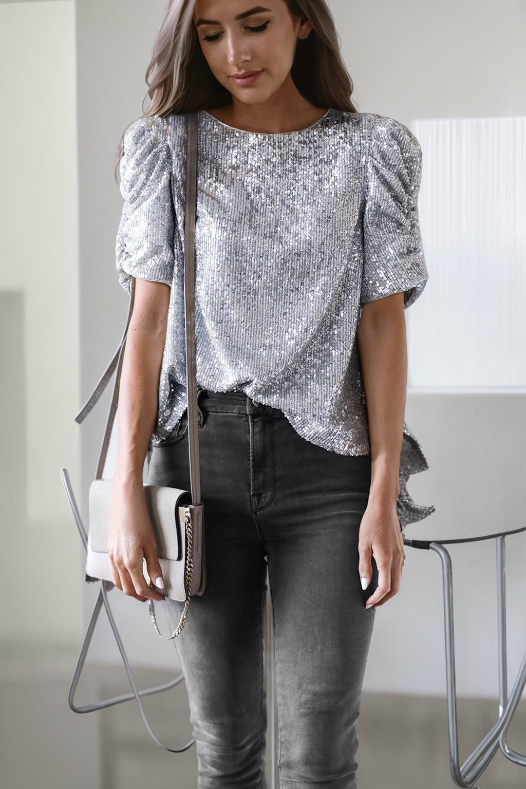 Sequin Pleated Puff Short Sleeve Top