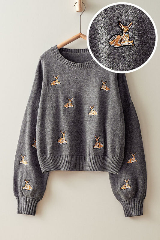 DEER EMBROIDERY RIB KNIT SWEATER