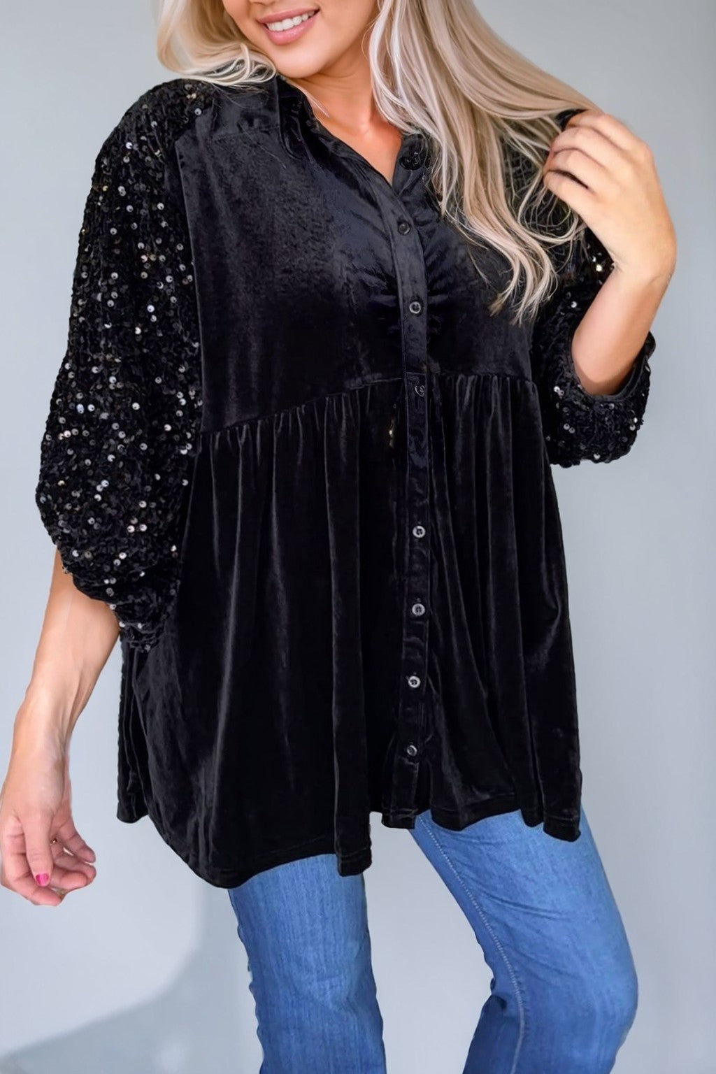 Sequin Puff Sleeve Buttoned Velvet Peplum Shirt