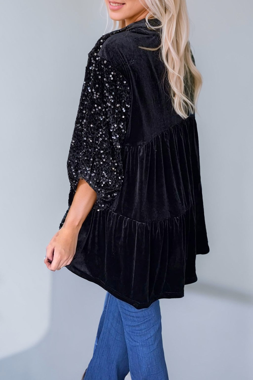 Sequin Puff Sleeve Buttoned Velvet Peplum Shirt