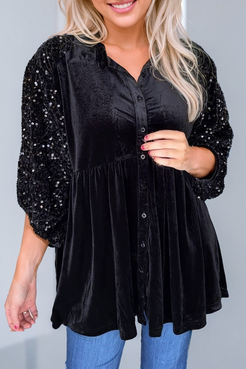 Sequin Puff Sleeve Buttoned Velvet Peplum Shirt