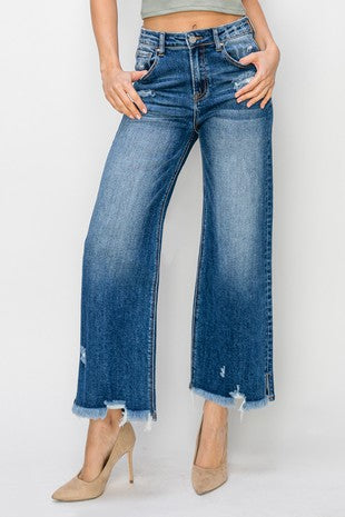 HIGH RISE SIDE SLIT FRAYED HEM WIDE JEANS