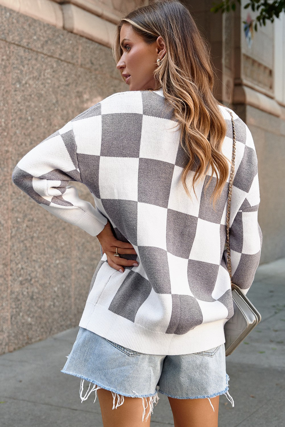 Gray Contrast Checkered Button Up Sweater Cardigan