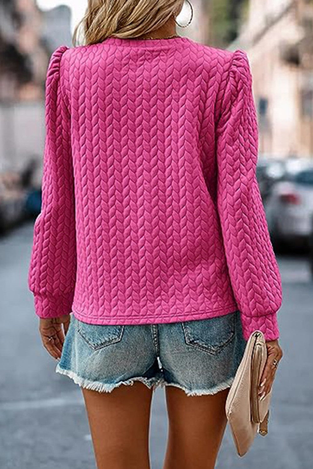 Hot Pink Cable Textured Puff Sleeve Sweatshirt