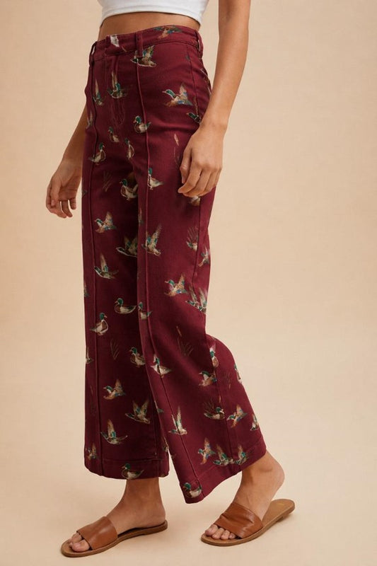 Mallard Printed Stretch Denim Wide Leg Jeans