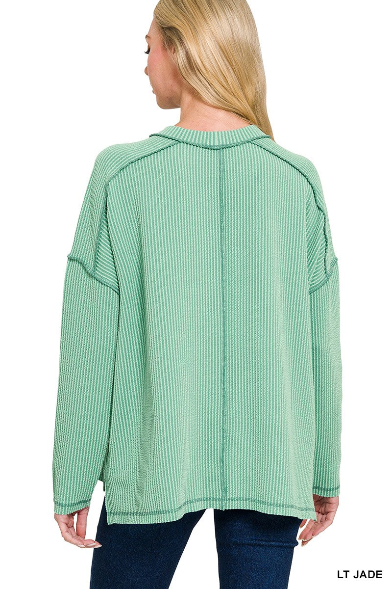 Raised Rib Raw Edge Boat Neck Long Sleeve Top