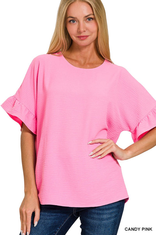 WOVEN AIRFLOW RUFFLE SLEEVE TOP