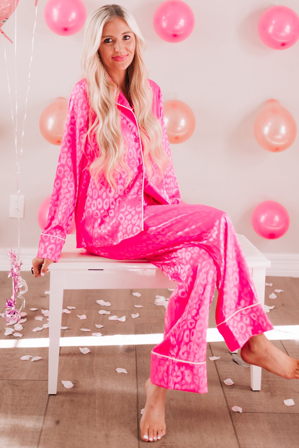 Rose 2pcs Leopard Satin Valentine Pajamas Set