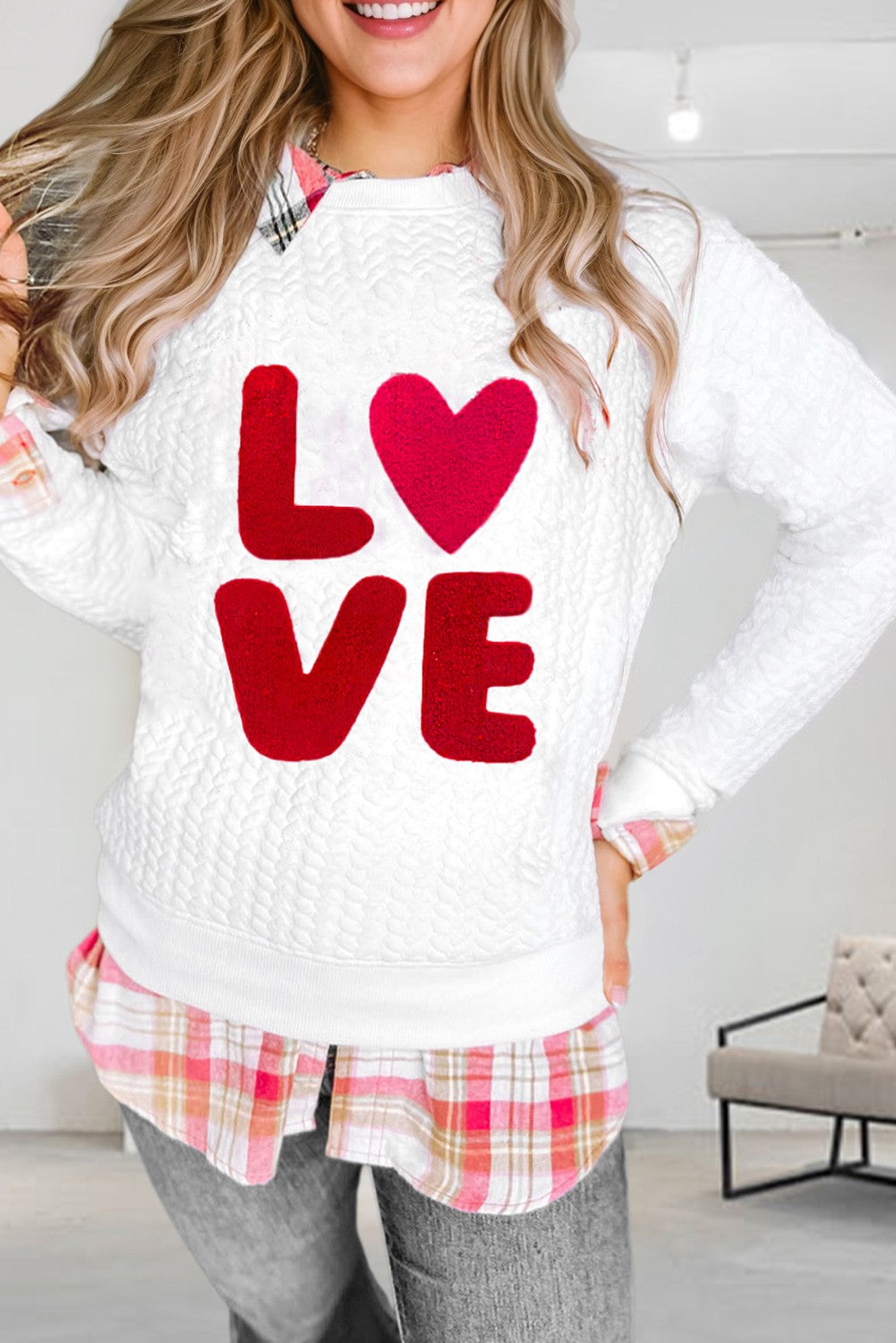 LOVE Embroidered Cable Knit Pullover Sweatshirt