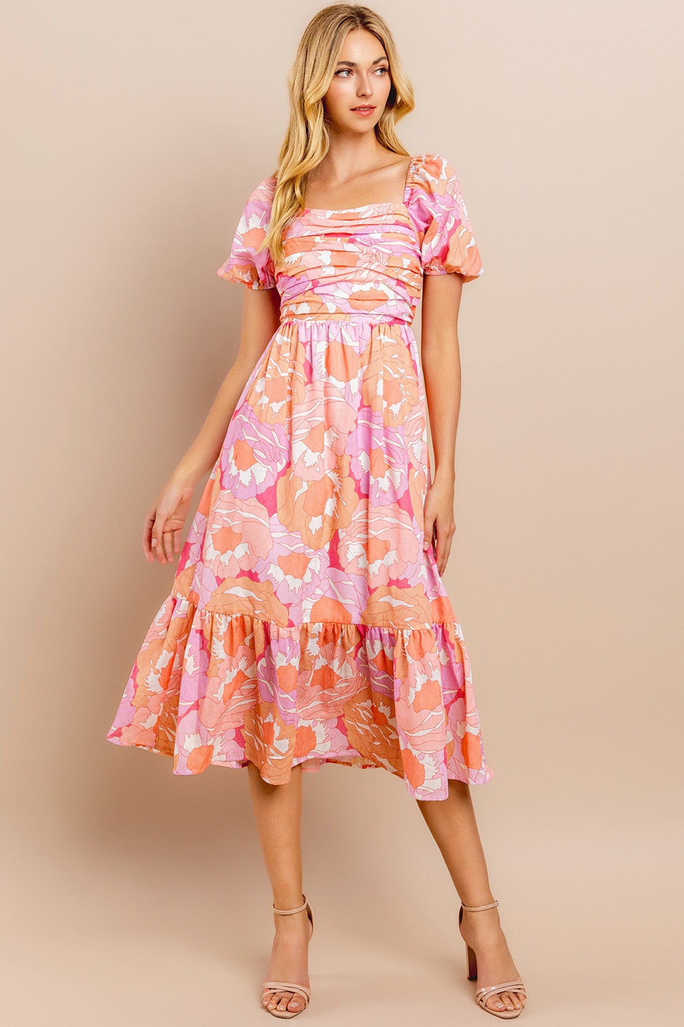 Floral Print Pleated Bodice Dress