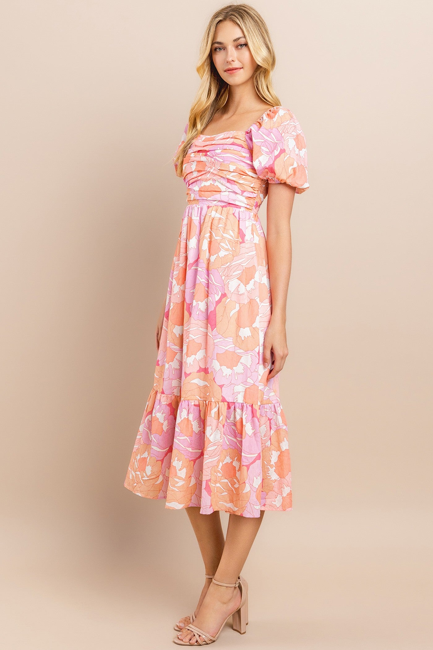 Floral Print Pleated Bodice Dress