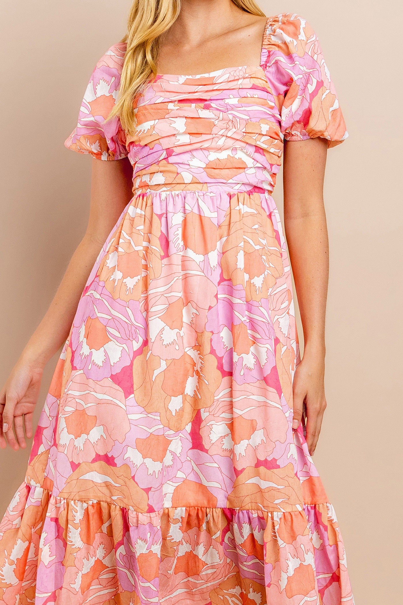 Floral Print Pleated Bodice Dress